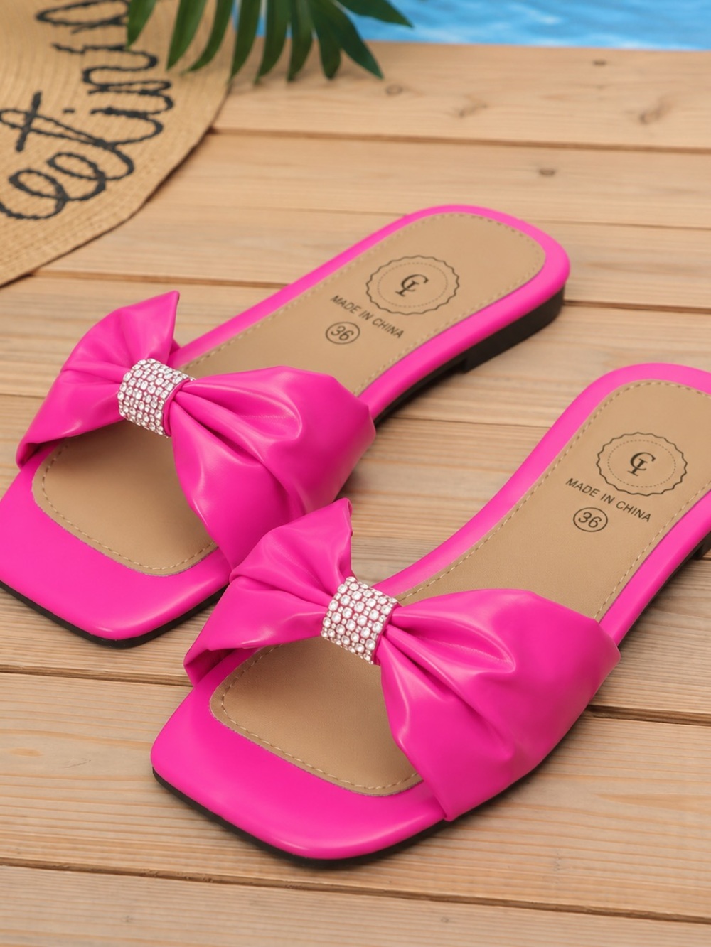 Women's Pink Bow Slide Sandals with Rhinestone Accent
